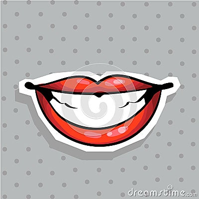 Fashion patch badge with lips whide smiling pop art style sticker with dot background Vector Illustration