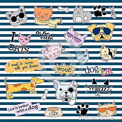 Fashion patch badges. Cats and dogs set. Stickers, pins, patches handwritten notes collection in cartoon 80s-90s comic Vector Illustration