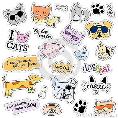 Fashion patch badges. Cats and dogs set. Stickers, pins, patches handwritten notes collection in cartoon 80s-90s comic Vector Illustration