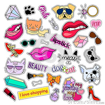 Fashion patch badges. Cats and dogs set. Stickers, pins, patches handwritten notes collection in cartoon 80s-90s comic Vector Illustration