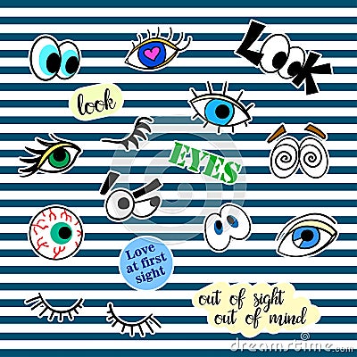 Fashion patch badges with different elements. Eyes. Set of stickers, pins, patches and handwritten notes collection Vector Illustration