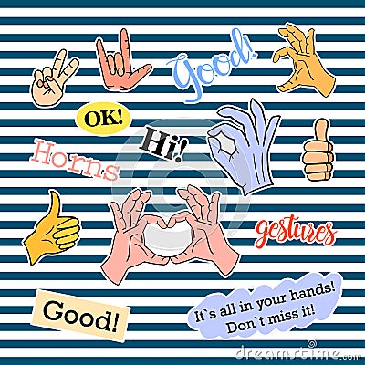 Fashion patch badges with different elements. Hands. Set of stickers, pins, patches and handwritten notes collection Vector Illustration