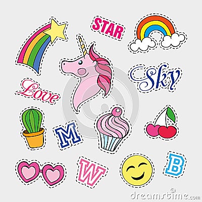 Fashion patch badges with different elements. Set of stickers, pins, patches and handwritten notes collection in cartoon Vector Illustration