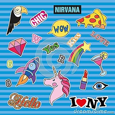 Fashion patch badges with different elements. Set of stickers, pins, patches and handwritten notes collection in cartoon Vector Illustration