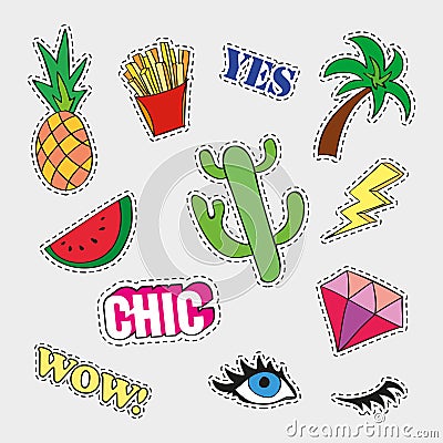 Fashion patch badges with different elements. Set of stickers, pins, patches and handwritten notes collection in cartoon Vector Illustration