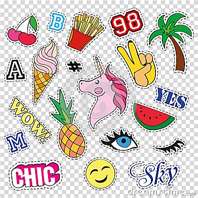 Fashion patch badges with different elements on transparent background. Set of stickers, pins, patches and handwritten Vector Illustration