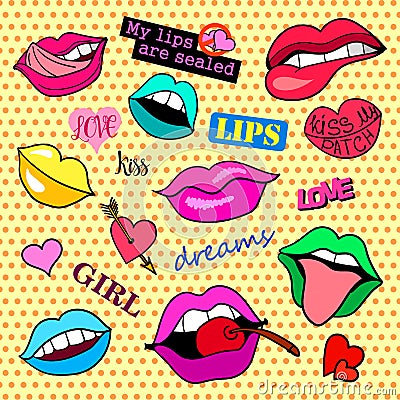 Fashion patch badges. Lips set. Pop Art. Stickers, pins, patches and handwritten notes collection in cartoon 80s-90s Vector Illustration