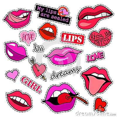 Fashion patch badges. Lips set. Stickers, pins, patches and handwritten notes collection in cartoon 80s-90s comic style Vector Illustration