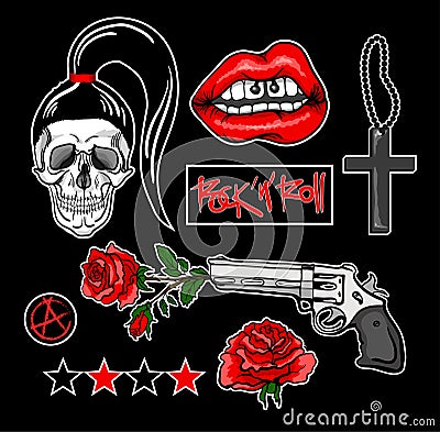Fashion patch badges with lips, skull,cross, rose, gun and other elements. Vecto Vector Illustration