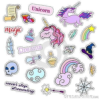 Fashion patch badges. Magic set. Stickers, pins, patches, cute collection with unicorn and rainbow. 80s-90s comic style Vector Illustration