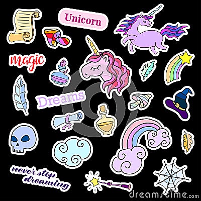 Fashion patch badges. Magic set. Stickers, pins, patches, cute collection with unicorn and rainbow. 80s-90s comic style Vector Illustration