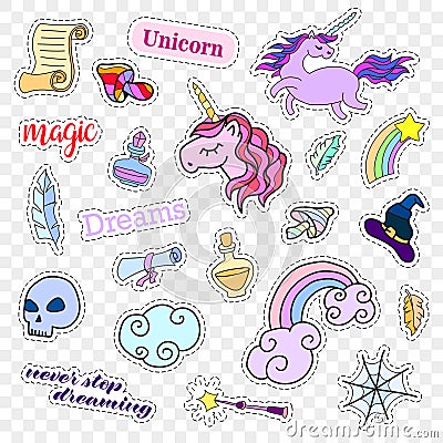 Fashion patch badges. Magic set. Stickers, pins, patches, cute collection with unicorn and rainbow. 80s-90s comic style Vector Illustration