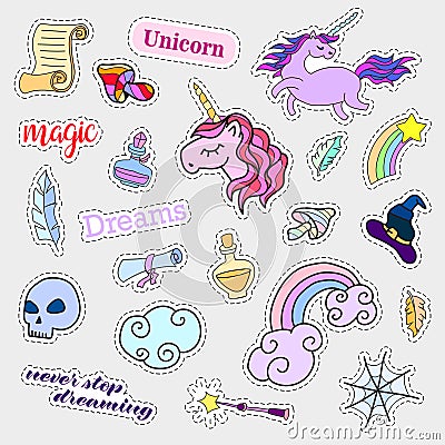 Fashion patch badges. Magic set. Stickers, pins, patches, cute collection with unicorn and rainbow. 80s-90s comic style Vector Illustration