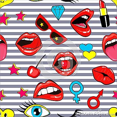 Fashion patch badges seamless pattern. Lips, kissing, open mouth, hearts, tongue, stars. Vector illustration of sweet Vector Illustration