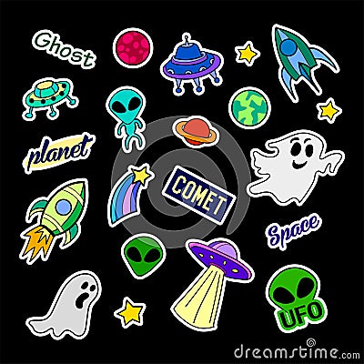 Fashion patch badges. UFO set. Stickers, pins, patches and handwritten notes collection in cartoon 80s-90s comic style Vector Illustration