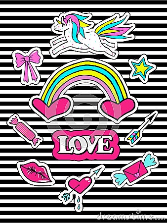 Fashion patch badges with unicorns, heart, lips, rainbow and other elements for girls. Striped background. Set of doodle Stock Photo