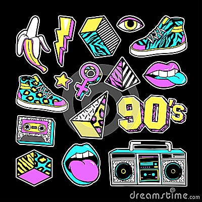 Fashion patches in in 80s-90s memphis style. Vector Illustration