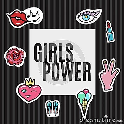 Fashion Patches Set.Girls Power.Modern Pop Art Stickers. Lips, Hand,Heart,Eye. Vector Illustration. Vector Illustration