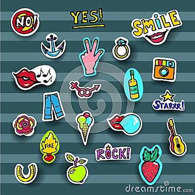Fashion Patches Set. Modern Pop Art Stickers. Rose,Lips, Hands,Jeans, Fire. Vector Illustration. Stock Photo