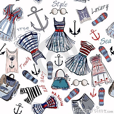 Fashion pattern with clothes and anchors in retro nautical style Stock Photo