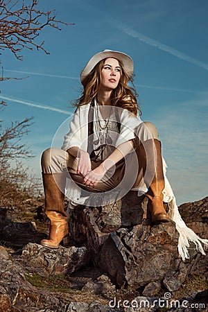 Fashion photo of model woman in mountain Stock Photo