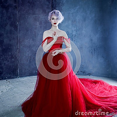 Fashion photo of young magnificent woman in red dress. Textured background Stock Photo
