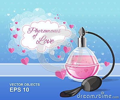 Fashion pink elegance perfume bottle with a spray. Pheromones of love. Romantic design Vector Illustration