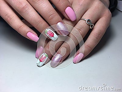 Fashion pink manicure on a textural background Stock Photo