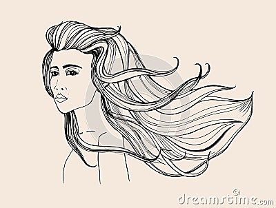 Fashion portrait. Beautiful girl with long flowing hair. Contour hand drawn illustration. Vector Illustration