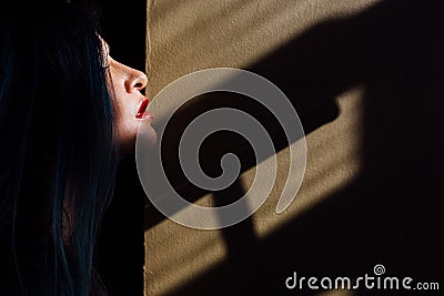 Fashion portrait of gorgeous girl with blue dyed hair long. The beautiful evening cocktail dress. Stock Photo