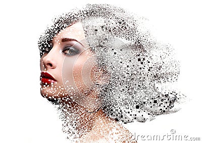 Fashion portrait of makeup woman face with pixeled dispersion effect. Art closeup portrait isolated on white background Stock Photo