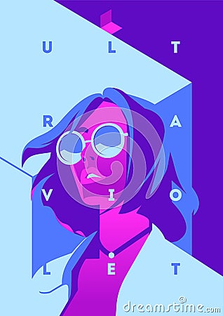 Fashion portrait of a model girl and neon light. Ultraviolet trendy colors poster or flyer. Vector Illustration