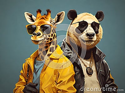Fashion portrait of a panda and giraffe in sunglasses and cool jackets, wildlife animal portrait, generative ai Stock Photo