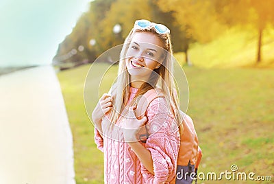 Fashion portrait pretty hipster smiling girl having fun Stock Photo