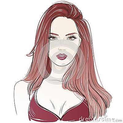 Fashion beautiful woman with long red wavy hair. Vector hand drawn illustration. Vector Illustration