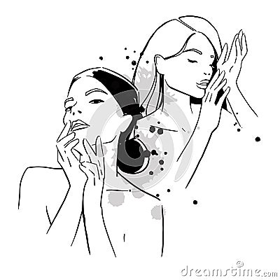 Fashion portrait of two young women, beauty line art drawing Vector Illustration