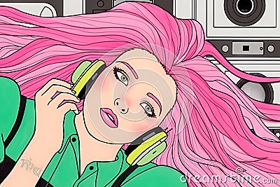 Fashion pretty woman with headphones listening to music in retro style. Neural network AI generated Stock Photo