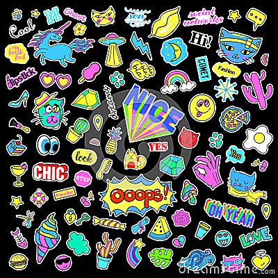 Fashion quirky cartoon doodle patch badges with cute elements. Isolated vector. Set of stickers,pins,patches in comic Vector Illustration