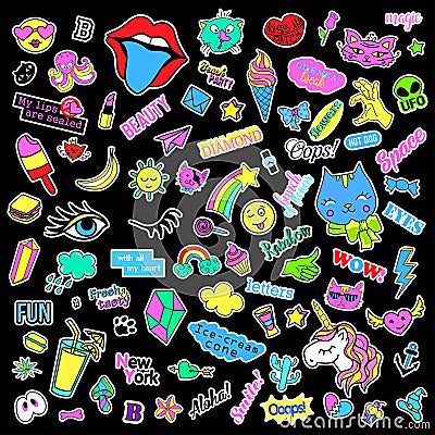 Fashion quirky cartoon doodle patch badges with cute elements. Isolated vector. Set of stickers,pins,patches in comic Vector Illustration
