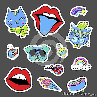 Fashion quirky cartoon doodle patch badges with cute elements. Vector Illustration