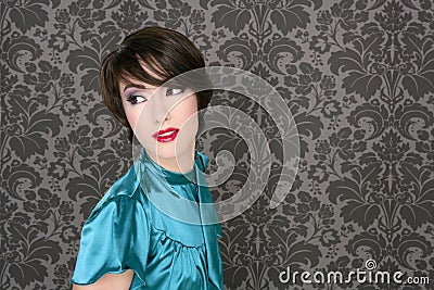 Fashion retro red lips woman on gray wallpaper Stock Photo