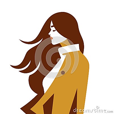 Fashion romantic autumn woman with waving hair pastel color pop art minimal avatar vector flat Vector Illustration