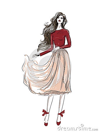 Fashion romantic outfit with wavy skirt sketch Vector Illustration