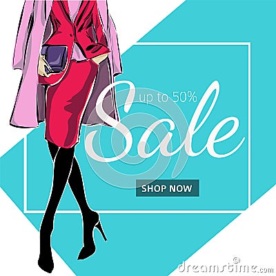 Fashion sale banner with woman fashion silhouette, online shopping social media ads web template with beautiful girl. Vector illus Cartoon Illustration