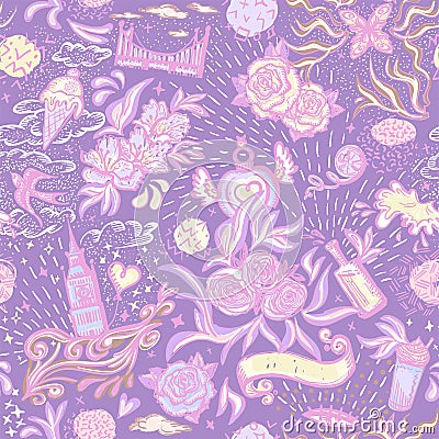 Fashion seamless multi symbol violet pattern with flowers, city elements and desserts Vector Illustration