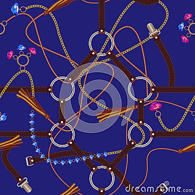 Fashion seamless pattern with gems, belts, chain and braid.Vector patch for fabric. Vector Illustration