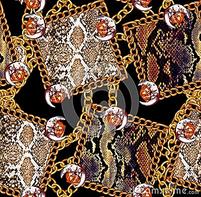 Fashion Seamless Pattern with Golden Chains. Fabric Design In snake skin Background Stock Photo