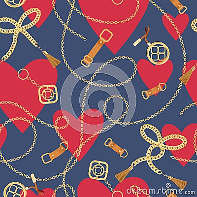 Fashion Seamless Pattern with Golden Chains and Hearts. Chain, Braid and jewelry Accessories Valentines Day Background Vector Illustration