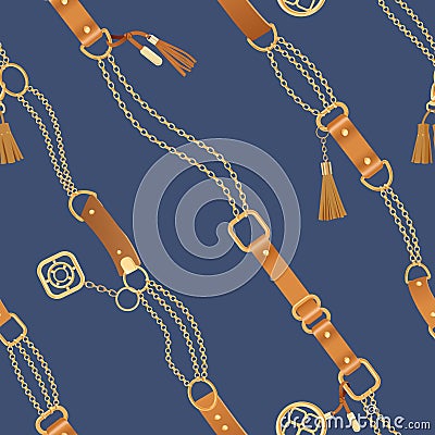 Fashion Seamless Pattern with Golden Chains and Straps. Chain, Braid and jewelry elements Background for Fabric Design Vector Illustration