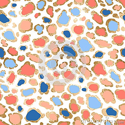 Fashion seamless pattern with leopard fur. Colorful and gold animal skin on white background Vector Illustration
